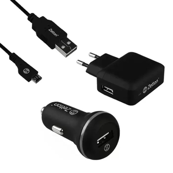 СЗУ Zetton АЗУ+ СЗУ 2USB 2.1А+ 2.4A с кабелем micro Usb (черный)