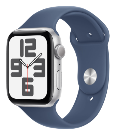 Смарт часы Apple Watch Series SE 2024 44 мм корпус из алюминия серебристого цвета, спортивный ремешок цвета «синий деним» M/L