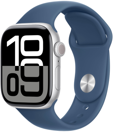 Смарт часы Apple Watch Series 10 42 мм корпус из алюминия цвета серебристый, спортивный ремешок цвета «синий деним» S/M