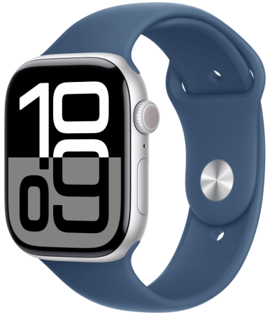Смарт часы Apple Watch Series 10 46 мм корпус из алюминия серебристого цвета, спортивный ремешок цвета «синий деним» M/L