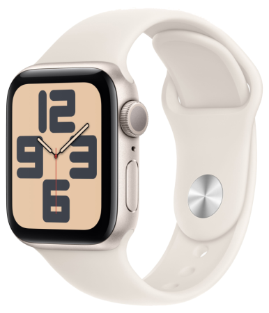 Смарт часы Apple Watch Series SE 2024 40 мм корпус из алюминия цвета «сияющая звезда», спортивный ремешок цвета «сияющая звезда» S/M