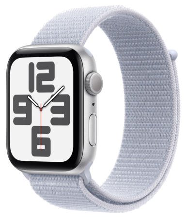 Смарт часы Apple Watch Series SE 2024 44 мм корпус из алюминия серебристого цвета, спортивный браслет дымчато-голубого цвета