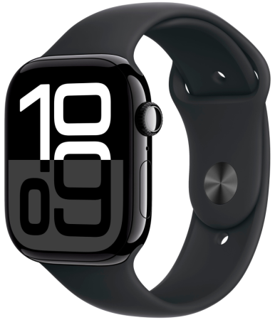Смарт часы Apple Watch Series 10 46 мм корпус из алюминия цвета «чёрный глянец», спортивный ремешок черного цвета S/M